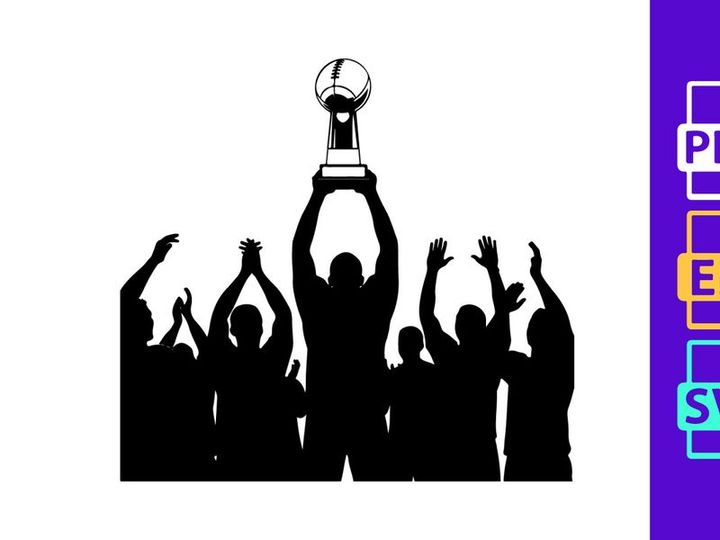 Silhouette of a group celebrating with a trophy