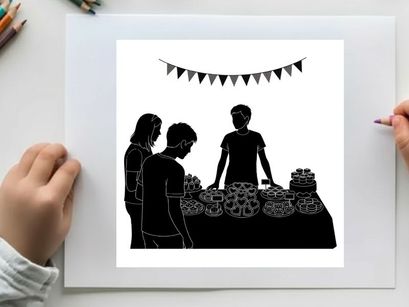 Silhouette of people at a party with bunting and desserts