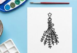 Daun mistletoe Halloween buatan tangan dengan hiasan bintang untuk dekorasi meriah. Ilustrasi ranting liburan yang indah untuk kartu, undangan, dan desain musiman.