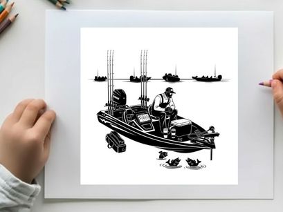 Silhouette of a man on a fishing boat with birds and other boats