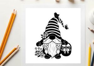Black and white silhouette of a garden gnome with flowers and butterfly
