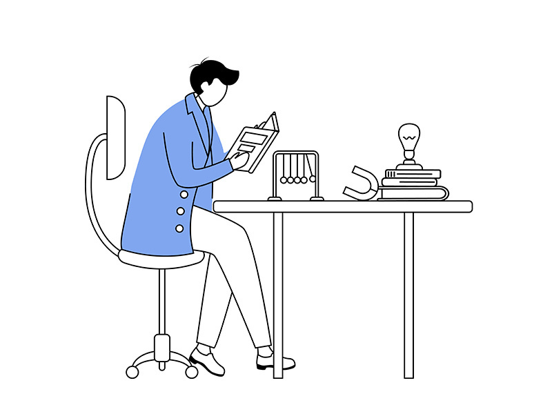 Scientist at his working place flat contour vector illustration