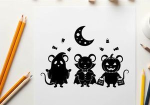 Three mice in halloween costumes under a crescent moon silhouette