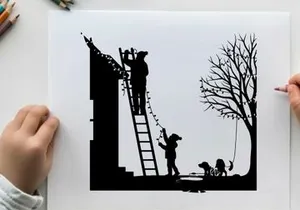 Silhouette of people decorating house with christmas lights and dog
