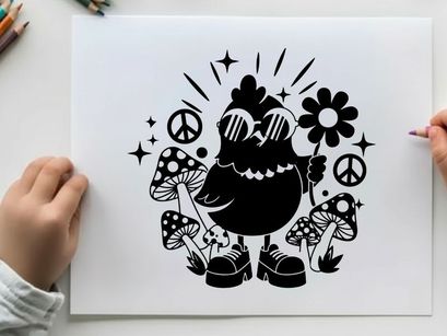 Groovy silhouette bird wearing sunglasses with flowers and mushrooms