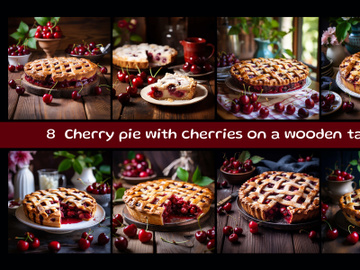 Cherry pie with cherries on a wooden table preview picture