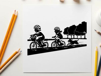 Silhouette of two cyclists and dog on a road