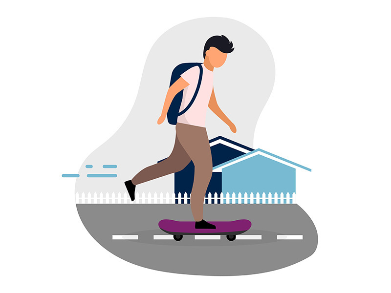 Schoolboy skateboarding flat vector illustration