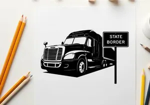 Black silhouette semi truck passing state border sign