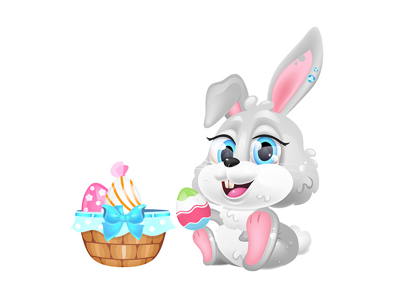 Cute Easter hare with eggs basket kawaii cartoon vector character