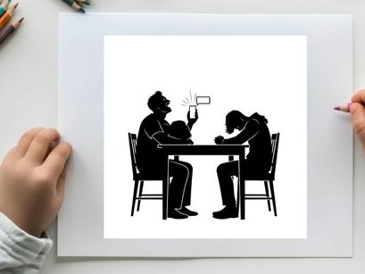 Silhouette of family sitting at a table with a child playing