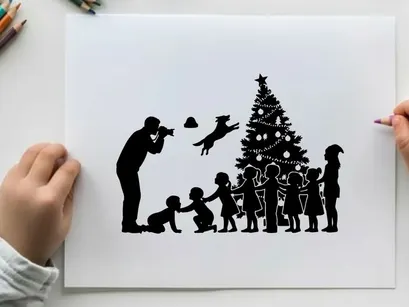 Christmas silhouette of family decorating tree with children and dog