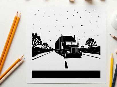 Silhouette of a semi truck driving down a road with trees on a snowy night