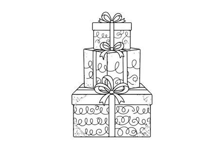 Hand-drawn stacked Christmas gift boxes with ribbons and floral pattern for festive holiday decor