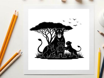 Lioness and cubs silhouette under tree with birds flying overhead savannah scene