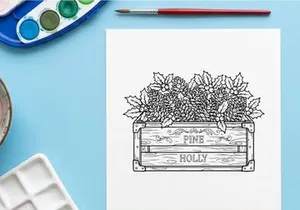 Hand-drawn Christmas planter box with poinsettias and holiday greeting for festive decor