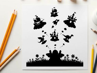 Whimsical silhouette of fantasy creatures and ships in the air