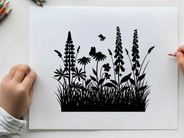 Black silhouette of wildflowers and grass with butterfly preview picture