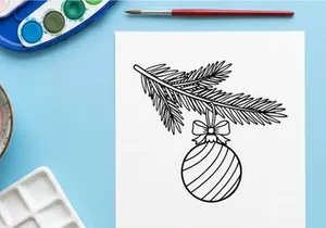 Christmas bauble hanging on a fir tree branch line art illustration