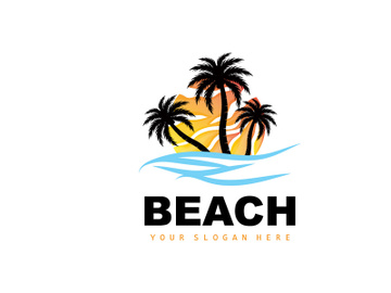 Coconut Tree Logo With Beach Atmosphere, Beach Plant Vector, Sunset View Design preview picture