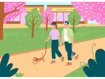 Couple walk in spring flat color vector illustration preview picture