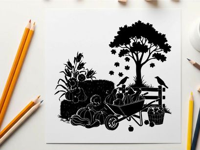 Silhouette of wheelbarrow and tree with birds