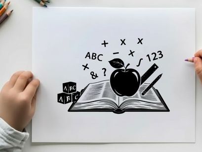 Silhouette of an apple on an open book with math symbols