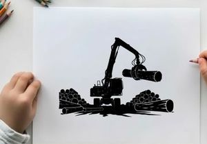 Silhouette of a mechanical logger with logs and a white background