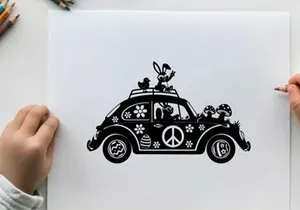 Silhouette of a decorated vw van with cartoon characters