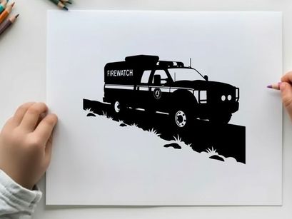 Silhouette of a firewatch truck on a rugged terrain