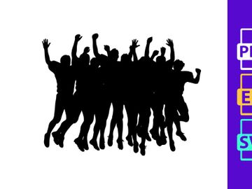 Silhouette of a group of people jumping and celebrating with raised arms in unison together preview picture