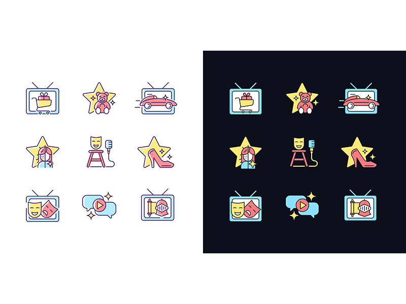 Television show light and dark theme RGB color icons set