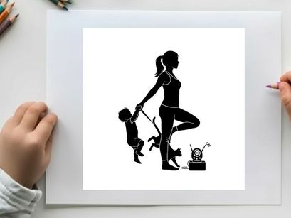 Silhouette of woman balancing child and dog while exercising