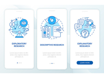 Types of scientific research onboarding mobile app page screen with concepts preview picture