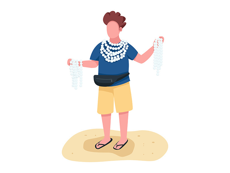 Beach merchant with souvenirs flat color vector faceless character