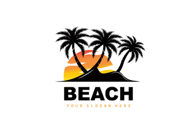 Coconut Tree Logo With Beach Atmosphere, Beach Plant Vector, Sunset View Design preview picture