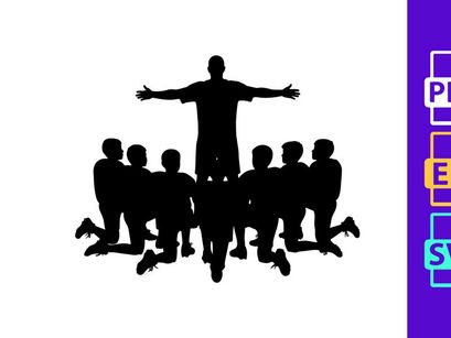 Silhouette of a man standing with arms outstretched surrounded by kneeling figures