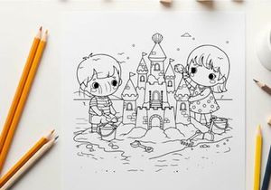 Children building sandcastle beach vector illustration flat design