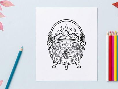 Cauldron with magical potion bubbling over flames. Enchanted witchcraft brew steaming in ornate ritual vessel.