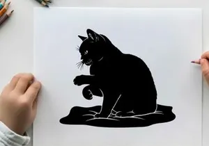 Black cat silhouette sitting on a rug