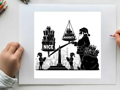 Santa claus weighs hearts in a silhouette scene