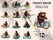 Bear riding a bike in floral countryside road, isolated in white background.