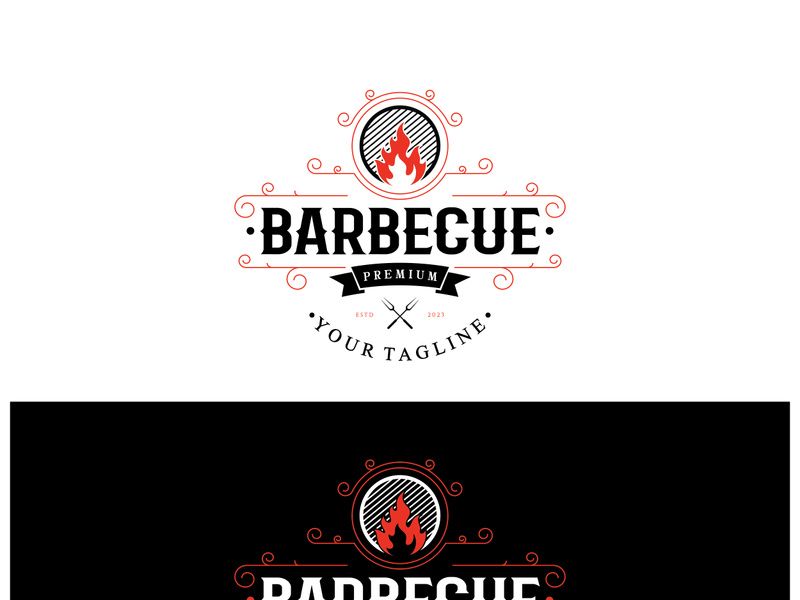 Simple Barbecue Vintage hot grill, with crossed flames and spatula. Logo for restaurant, badge, cafe and bar.vector