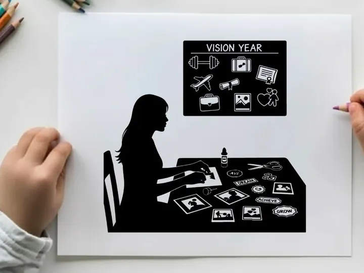 Silhouette of woman creating vision board with various images and objects silhouette
