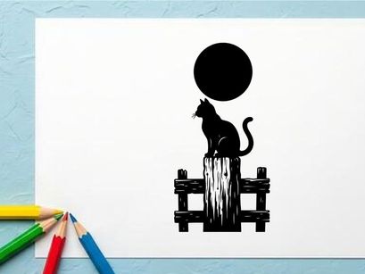 Silhouette of a cat sitting on a wooden fence with a full moon overhead