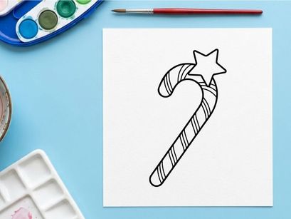 Christmas candy cane with star icon, simple black and white line art vector illustration.