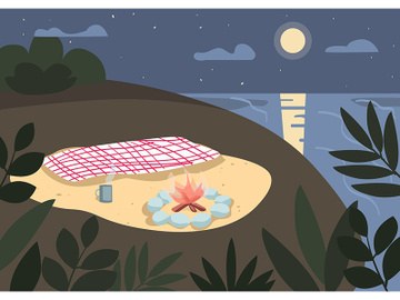 Blanket and bonfire on seashore flat color vector illustration preview picture