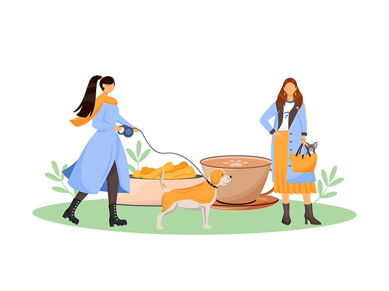 Female dog owner in cafe flat concept vector illustration