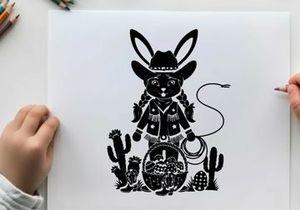 Silhouette of a cowboy rabbit with a whip and basket