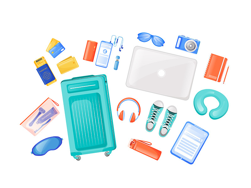 Travel essentials flat color vector objects set